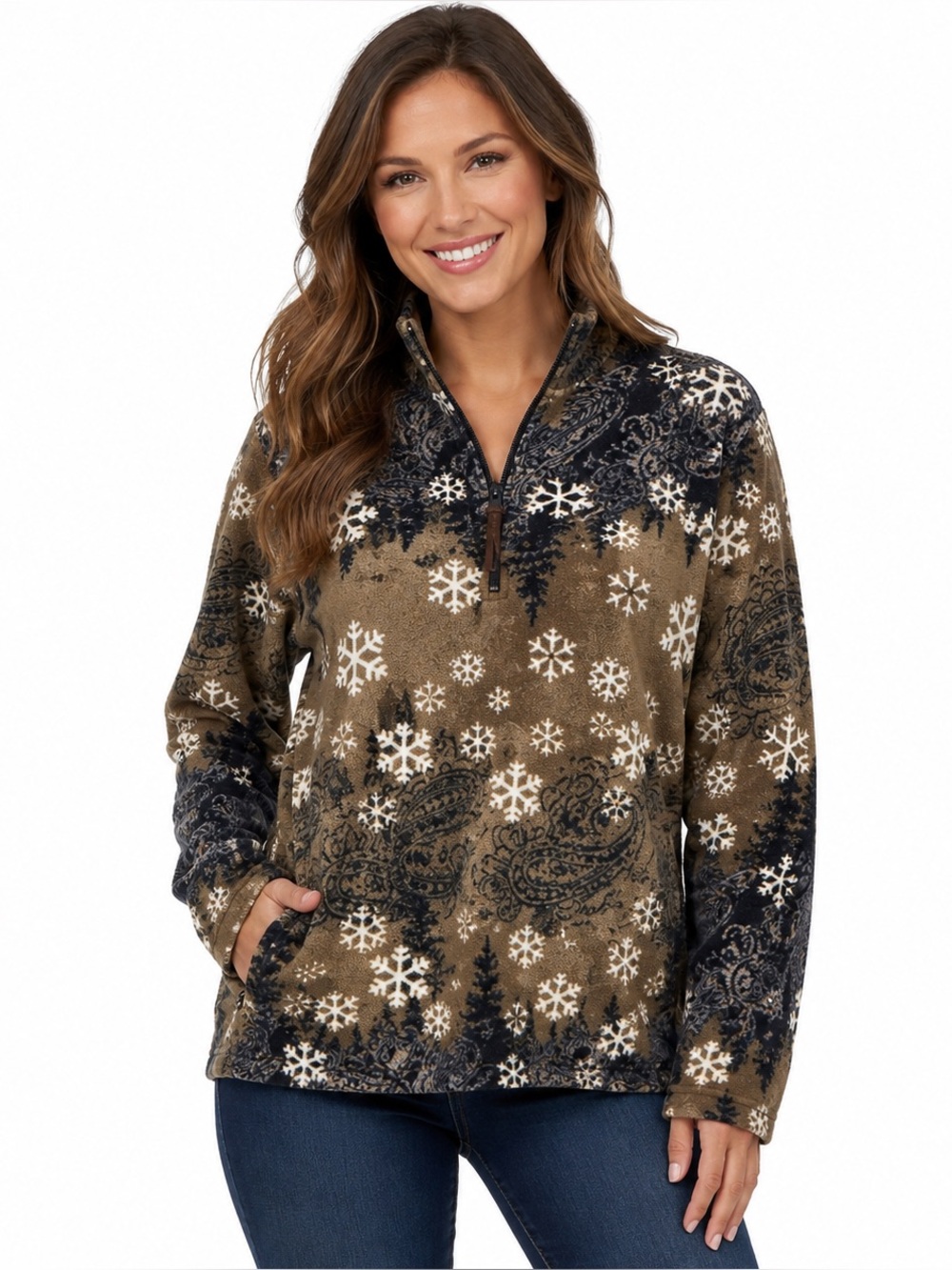 Essentials Oleg Cassini Snowflake Paisley Fleece Pullover Size S